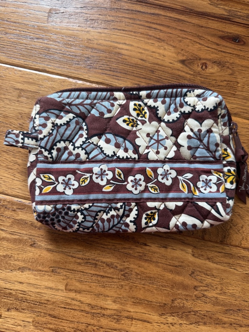 Vera Bradley Quilted Floral Cosmetic Pouch in Brown, Light Blue & Yellow